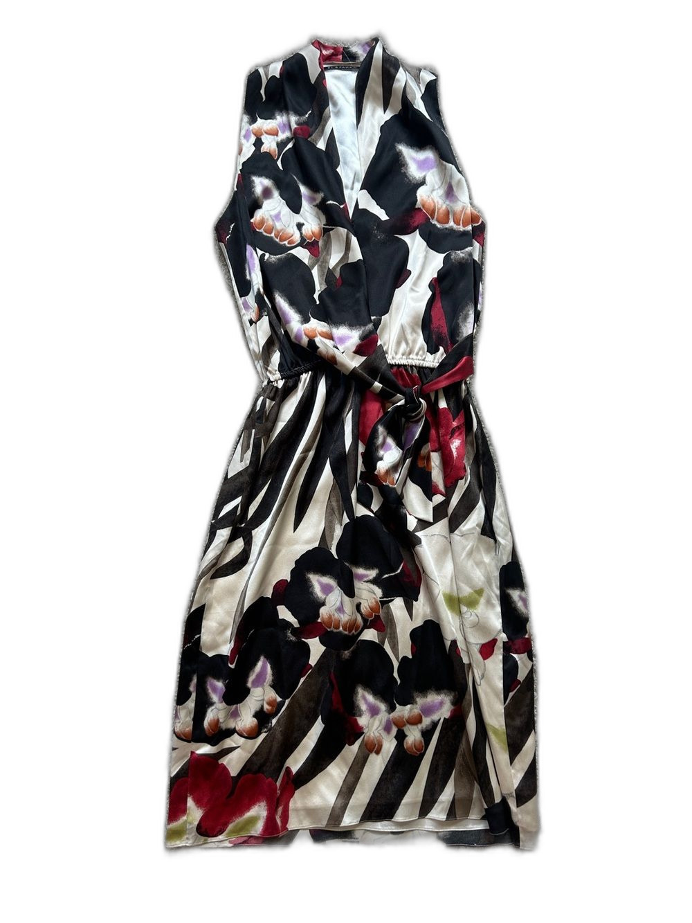 Elie Tahari Floral Sleeveless Midi Silk Dress Black Ivory Cocktail Dress Size 6